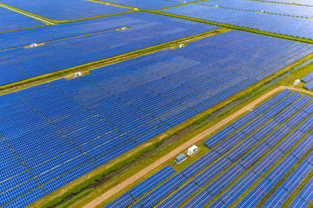 Solar farm on dutch countryside in Groningen Province, the Netherlands