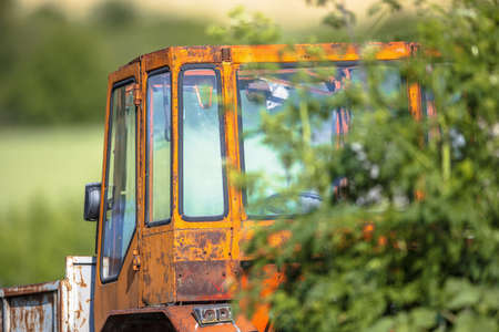 Cabin Detail of Soviet style truck in Bulgaria. Wreck in backyard of farm.の写真素材