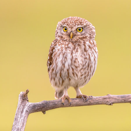 Little Owl (Athene noctua) nocturnal bird perched on branch with bright background. Wildlife scene of nature in Europe.の写真素材