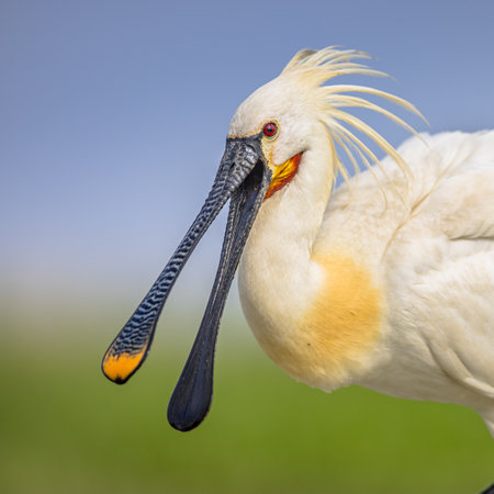 Eurasian spoonbill (Platalea leucorodia) portrait of wader bird with open beak and white crest. Wildlife scene of Nature in Europe.の写真素材