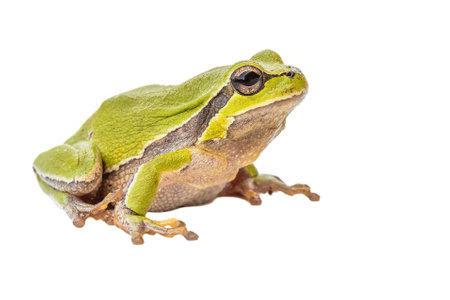 Green European tree frog (Hyla arborea) sitting on white background. Wildlife scene of nature in...