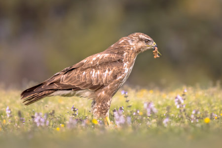 Common European Buzzard (Buteo buteo) raptor bird perched in grassy yard and feeding on prey in Spanish Pyrenees, Vilagrassa, Catalonia, Spain. April.の写真素材