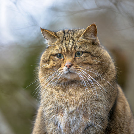 Cute close up Portrait of male European Wild Cat (Felis silvestris) in natural mountain Forest Environmentの写真素材