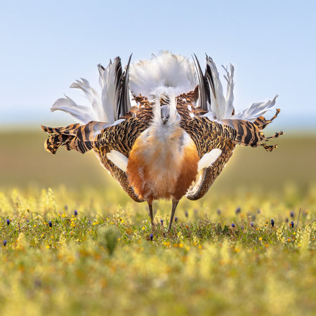 Great Bustard (Otis tarda). Large male bird balloon displaying in Open Grassland with Flowers in Extremadura Spain. March. Wildlife Scene of Nature in Europe.の写真素材