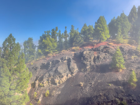 Trekking in Hazy Volcanic Landscape along Ruta de los Volcanes, beautiful hiking path over the volcanoes on La Palma Island, Canary Islands, Spain. Landscape Scene of Nature in Europe.の写真素材