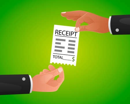 Hand giving and receiving sales printed receipt flat icon. Shopping paper ATM bill. Vector illustration.のイラスト素材
