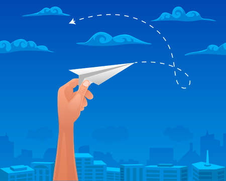 Paper airplane in hands on blue sky background. Vector illustratioinのイラスト素材