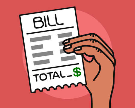 Hand holding shopping paper ATM bill. Sales printed receipt flat icon. Vector illustration.のイラスト素材