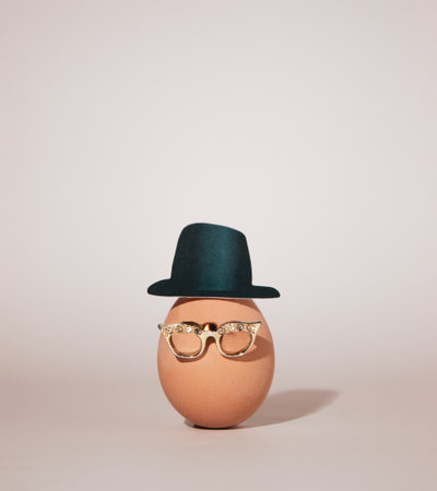 Mister Easter egg with hat and gold eyeglasses. Minimal Easter concept.の写真素材