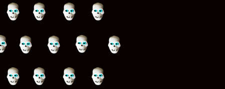 Pattern made of Halloween horror concept with skelteon heads with blue eyes on black background with copy space. Minimal spooky idea. Halloween or Santa Muerte concept.の写真素材
