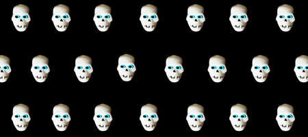 Pattern made of Halloween horror concept with skelteon heads with blue eyes on black background. Minimal spooky idea. Halloween or Santa Muerte concept.の写真素材