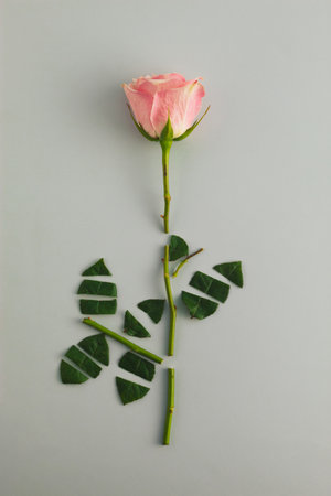 Creative composition of cut pink rose flower and leaves on grey background. Flowerscape flat lay...