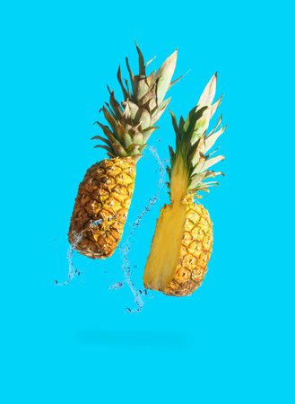 Sliced juicy pineapple on pastel blue background. Minimal fruit concept. Modern food composition.
