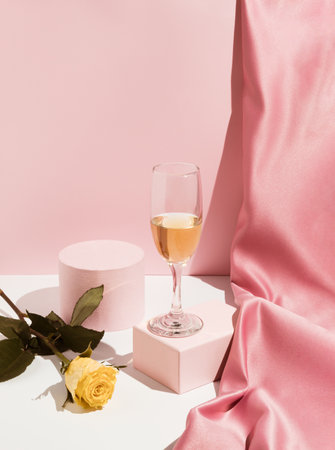 Romantic pastel pink Valentine's Day composition with wine glass, satin curtain and yellow rose flower. Suitable for Product Display and Business Concept. Modern aesthetic.の写真素材