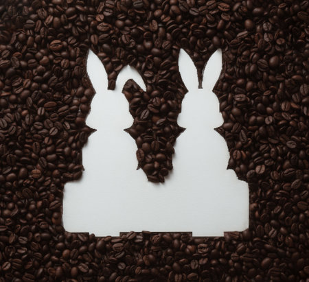 Creative holiday composition made with Easter bunny shape and coffee roasted beans. Flat lay, top...