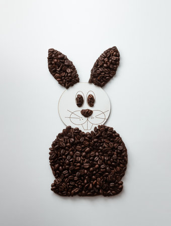 Minimal holiday composition made with Easter bunny and coffee roasted beans. Flat lay, top view....
