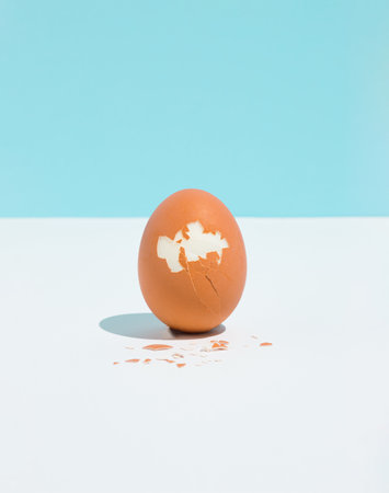 Cracked boiled egg on bright sky blue and white background. Minimal healthy food concept. Easter card.の写真素材