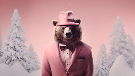 A bear with a hat standing on two legs in a warm pink winter coat. Abstract, creative, illustrated, minimal portrait of a wild animal dressed up as a man in elegant clothes. Christの素材