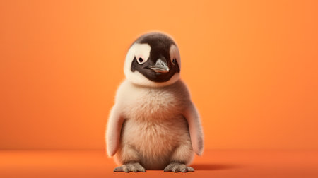 Cute baby penguin isolated on orange background. Minimal composition. Animal portrait.の素材