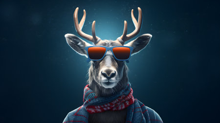 Reindeer portrait who looks like a man. An illustration of an animal with big horns that is a symbol of Christmas. Deer with sunglasses.の素材