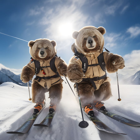 Two bears with skis on a snow track run downhill in a beautiful Alpine landscape. Sports concept.の素材
