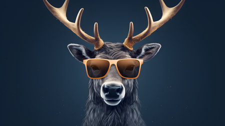 Reindeer portrait who looks like a man. An illustration of an animal with big horns that is a symbol of Christmas. Deer with sunglasses.の素材