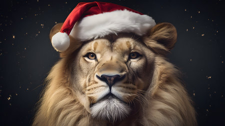 Animal New Year party concept. Lion with Santa Claus cap on dark background. Animal portrait. Merry Christmas.の素材