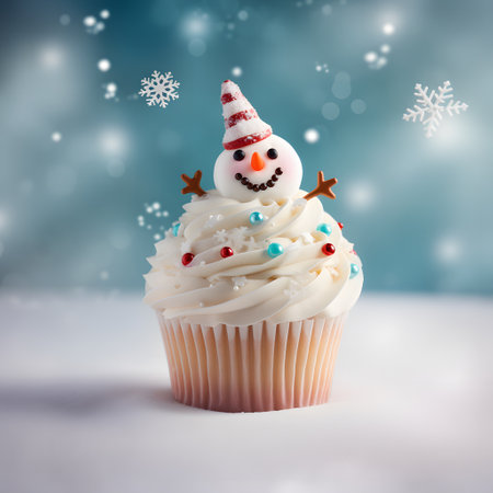 Christmas cupcake in the shape of a white, snowy snowman, delicious sweet cake on pastel blue background. Tasty dessert snack.の素材