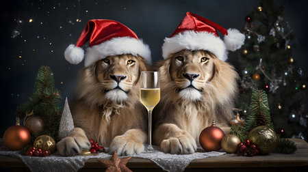 Two lions with Santa Claus caps having fun, champagne glass, Christmas tree and baubles on dark background. Animal party concept. Happy New Year card.の素材