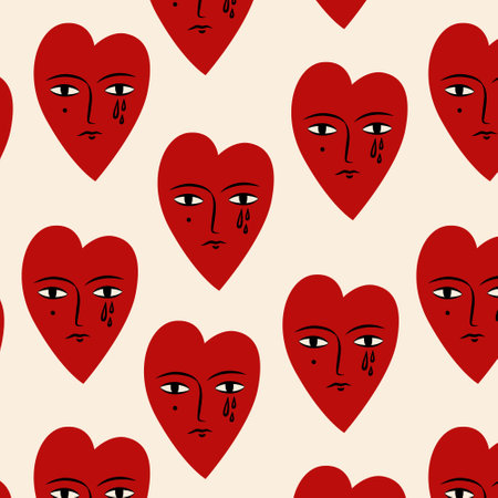 seamless vector pattern with vintage groovy heart and tear. Psychedelic background with crying eyes...