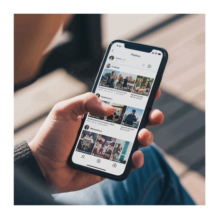 Close up view of a hand holding a mobile phone showing an image feed on a social media platform interface