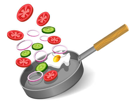 Realistic frying pan and vegetables isolated on white background. Vector illustrationのイラスト素材