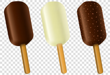 Ice cream collection of eskimo pie with dark and milc varieties of chocolate glaze at transparent background.Chocolate with nuts. Realistic vector illustration.のイラスト素材