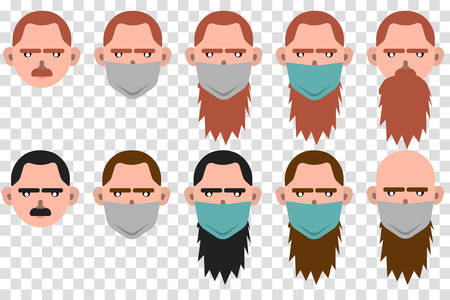 Men Male Human Face with medical mask Head Hair Hairstyle Mustache Bald People Fashion. Design flat avatar. Vector illustration.のイラスト素材