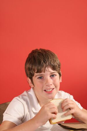 boy with bologna sandwich verticalの写真素材