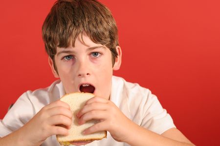 boy with bologna sandwich verticalの写真素材