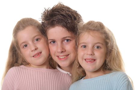 brother with twin sisters headshotの写真素材