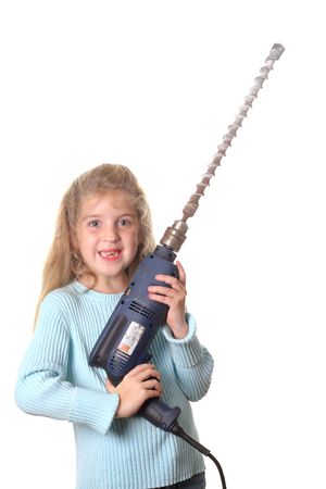 little girl with big drillの写真素材