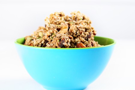 Homemade granola in cereal bowlの写真素材
