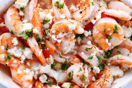 roasted shrimp with feta cheese & tomatoes upcloseの写真素材