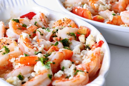 roasted shrimp with tomatoes and feta cheeseの写真素材