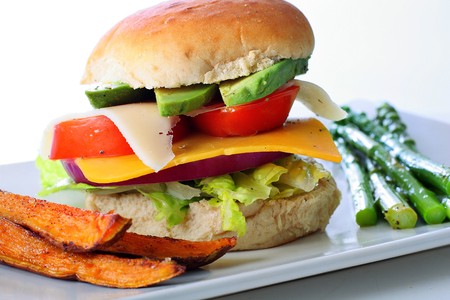 Veggie burger with sweet potato friesの写真素材