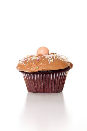 chocolate cupcake on white verticalの写真素材