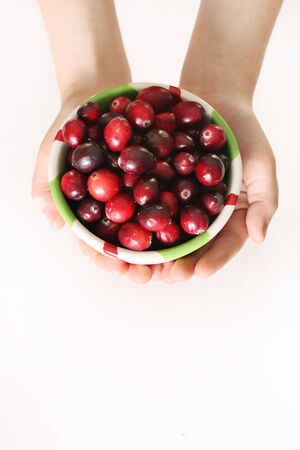 child holding a bowl of fresh cranberries verticalの写真素材