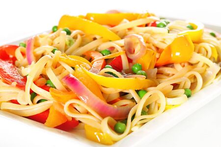 linguine pasta with vegetables angle upcloseの写真素材