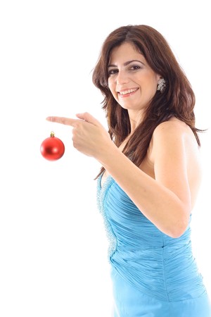 woman holding ornament on white verticalの写真素材