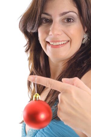 woman holding Christmas ornament upcloseの写真素材