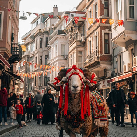 A decorated ram with red ribbons and colorful textiles walks down a cobblestone street lined with...