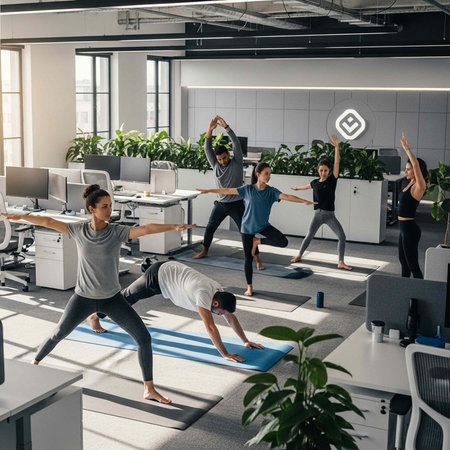 Group of coworkers practicing yoga in modern office space with plants and desks