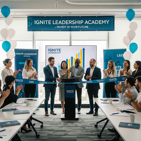 Diverse group of professionals gathered for ribbon cutting ceremony at business leadership academy...